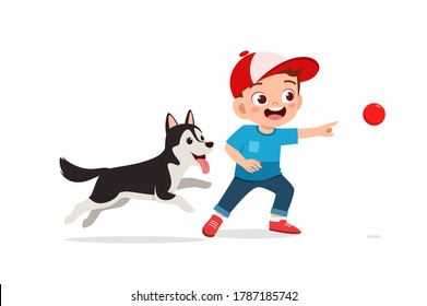 happy cute little kid play with dog