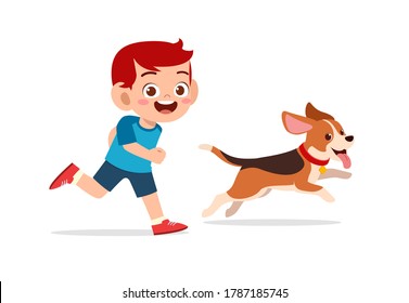 happy cute little kid play with dog