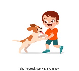 happy cute little kid play with dog