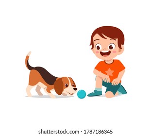 happy cute little kid play with dog