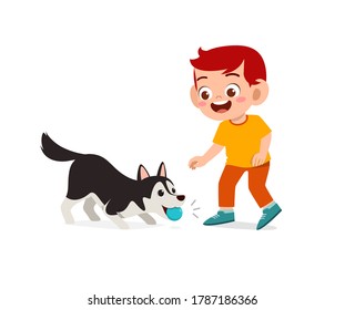 happy cute little kid play with dog