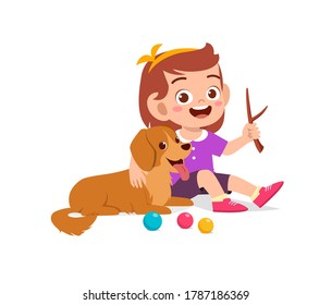 happy cute little kid play with dog