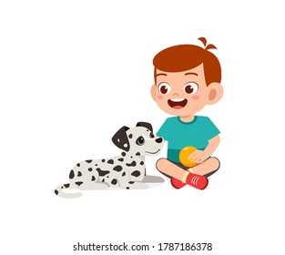happy cute little kid play with dog