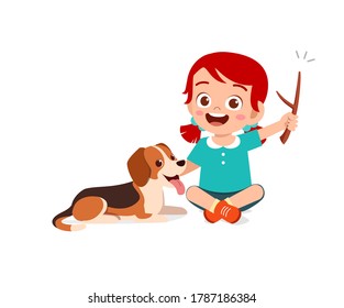 happy cute little kid play with dog