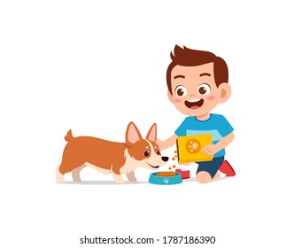 Happy Cute Little Kid Play With Dog