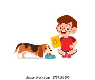 happy cute little kid play with dog