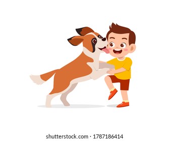 happy cute little kid play with dog
