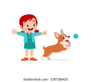 happy cute little kid play with dog