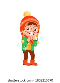 happy cute little kid play and wear jacket in winter season. child feeling chill wearing warm clothes