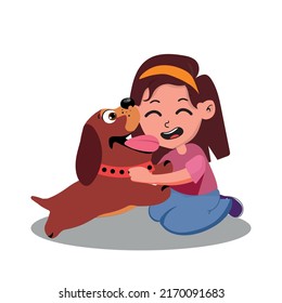 happy cute little kid play with dog, Good friend. Isolated flat character vector illustration.