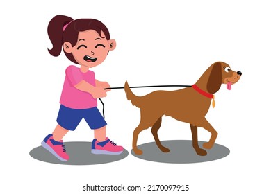 Happy cute little kid play with dog, child walking his pet.