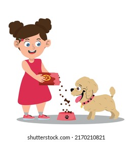 Happy cute little kid play with dog, Cute child girl feeding his pet.