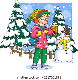 happy cute little kid play and wear jacket in winter season. child smile wearing warm clothes