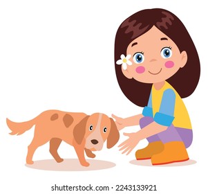 happy cute little kid play with dog