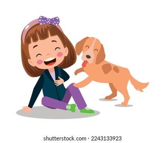 happy cute little kid play with dog