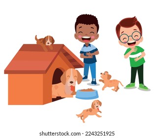 happy cute little kid play with dog
