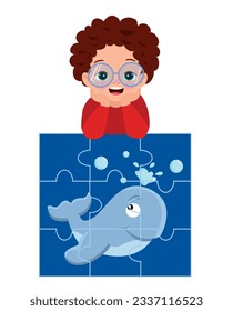 happy cute little kid play jigsaw puzzle