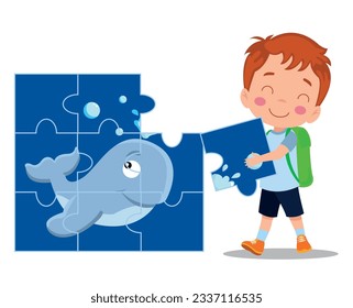 happy cute little kid play jigsaw puzzle