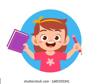 happy cute little kid school girl read book