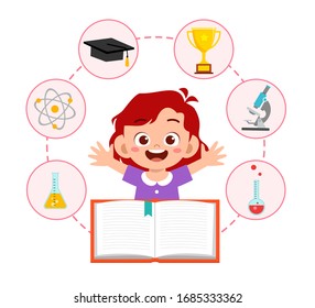 happy cute little kid school girl read book