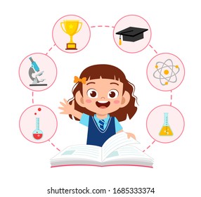 happy cute little kid school girl read book