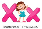 happy cute little kid studies alphabet letter X character