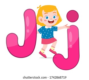 happy cute little kid studies alphabet letter J character