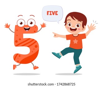 happy cute little kid studies number 5 character