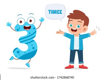 happy cute little kid studies number 3 character