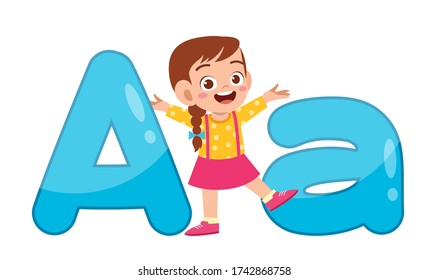 happy cute little kid studies alphabet letter A character