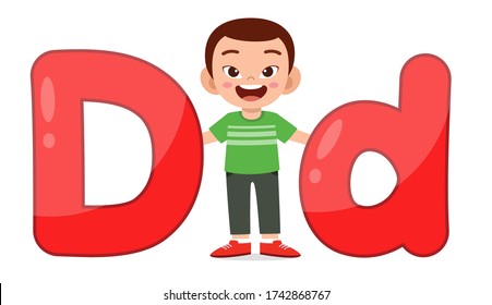 happy cute little kid studies alphabet letter D character