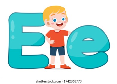 happy cute little kid studies alphabet letter E character