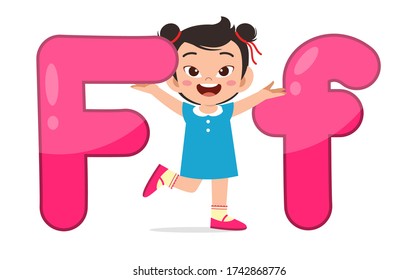 happy cute little kid studies alphabet letter F character