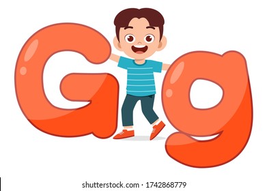 happy cute little kid studies alphabet letter G character