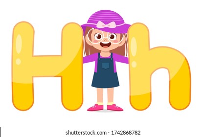 happy cute little kid studies alphabet letter H character