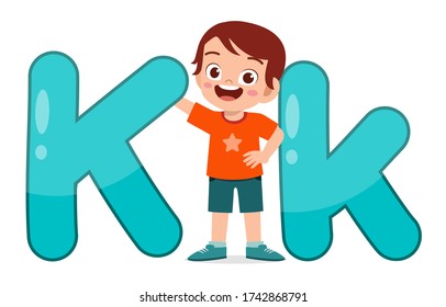 happy cute little kid studies alphabet letter K character