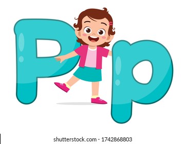 happy cute little kid studies alphabet letter P character