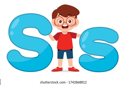 happy cute little kid studies alphabet letter S character