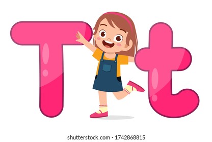 happy cute little kid studies alphabet letter T character