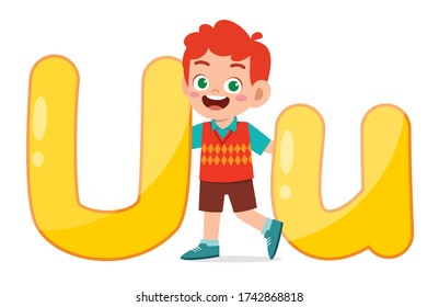 happy cute little kid studies alphabet letter U character