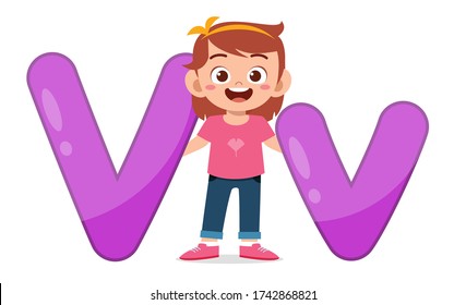 happy cute little kid studies alphabet letter V character