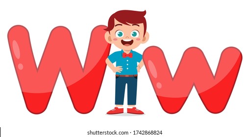 happy cute little kid studies alphabet letter W character