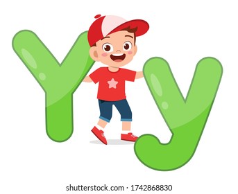 happy cute little kid studies alphabet letter Y character