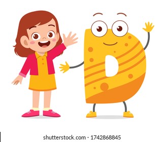 happy cute little kid studies alphabet letter D character