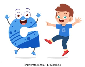 happy cute little kid studies alphabet letter G character
