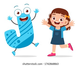happy cute little kid studies alphabet letter J character