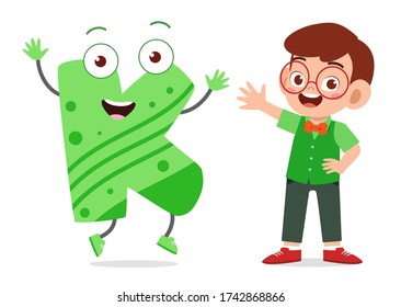 happy cute little kid studies alphabet letter K character