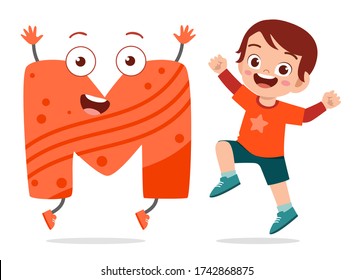 happy cute little kid studies alphabet letter M character