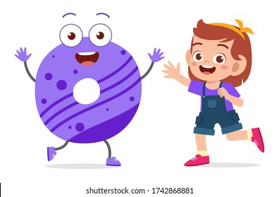 happy cute little kid studies alphabet letter O character