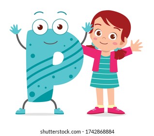 happy cute little kid studies alphabet letter P character
